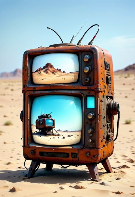 ultra high resolution, masterpiece, best quality, a sci-fi ,  desert, A (rusty) and (broken) retro TV set buried in the sand, in the style of hyper realistic photography. evi@decrepPunk, no human