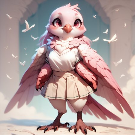 score_9, score_8_up, score_7_up, score_6_up,fscore_9, score_8_up, score_7_up, source_furry, feathers, claws, furry female, body feathers, dove, wings, feathered wings, pink body, pink tail, pink eyes, blush, smile, (white top, white short skirt), front view, standing, full length, detailed background, detailed, <lora:Anthro_birds_for_pony_-_2:0.9>