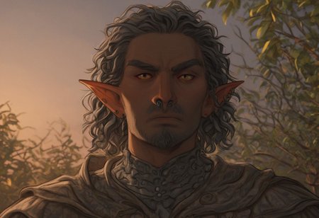solo, short pointy ears, piercings, random elf face, aquiline features, male dark elf, masculine, facial hair, brow rings, beaded piercings, weathered skin, chiseled features, large nose, insect chitin armor, insect chitin helmet, insect chitin ornaments, stylized insect pattern, athletic build,  animated realism, zoomed out, Syrian features, torso, yurts, elegant berber tapestries, dead trees, ashy soil, grey green foliage, distant grey hills, sunrise, gloomy lighting, grey fabric awnings, dark wood posts, light dust clouds, grey-blue skin, mahogany and ivory clothes, medium armor, bone plate armor, ivory straps and fittings, alien bone ornaments, grey wood neckguard, red sclera, black pupils, blue-green light, neon, highly detailed, defined features, looking at viewer, three quarters view, from below, dynamic lighting, 29 years old, light and shadows, patterned cloth, annoyed expression, expressive eyes, detailed medieval clothes, short hair, wavy hair, thick hair, beaded hair, braided hair, under cut hair, semirealistic, alien elf, spanish features, jewish features, white grey hair, dark red hair, umber skin, sharp features, pastel green inuit print cloak, nighttime, high detail, absurdres, pretty eyes, detailed eyes, yellow eyes,