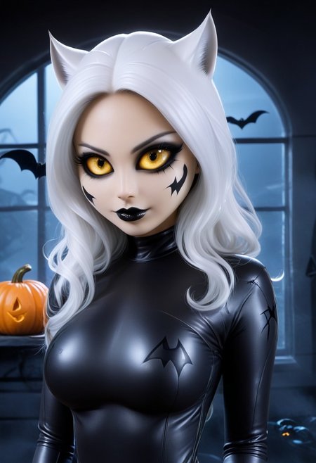 halloween, halloween theme, decorated bar, pumpkins, ghost, jack'o'lantern, bat, bats, ghosts, spiderweb, big spiders, foggy, night, lightning, window, Cambodian woman, asian features, long hair, huge boobs, massive breasts, small waist, fitness body, toned muscle, wide hips, An extreme photorealistic upper body shot of a cat girl with mesmerizing golden eyes and slit pupils. She has long, flowing two-tone hair, white and black, with striking, unrealistic beauty. Her black lips curve slightly to reveal sharp fangs, and her long fingernails are a key feature of her sleek cat suit. Include tiny imperfections like pores, faint freckles, and slight skin texture variations to add realism. Realistic lip texture with soft lines, slight gloss, and natural color variation. Realistically detailed tear ducts, slightly moist, enhancing the natural appearance of the eyes. Faint, barely visible veins under the eyes, adding depth and authenticity to the skin. Individually rendered eyebrow hairs with natural variation in direction, length, and thickness. Variation in hair strand thickness, with some thinner and finer than others. Detailed texture on the cat suit, showing the weave or material pattern, such as leather, spandex, or velvet. Shadows that move with the character, responding to her position and the light source accurately, 28 YEARS OLD, wrinkles, cat girl, crystal, gem, sparkle, YELLOW EYES, CAT EYES, catgirl, big eyes, black bodysuit and small mask, Symbiote Suit.
