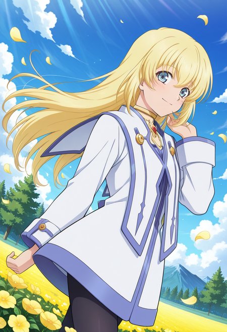 trees, village, field of flowers, flower petals, yellow flowers, clouds, day,
BREAK,
light smile, looking sideways, floating hair, hand on hair, 
cowboy shot, dynamic angle,
BREAK,
<lora:coletteXL_illustriousXL_v01:0.9>
colettedef, blonde hair, blue eyes, long hair, hair between eyes,
choker, red gemstone, chest jewel, collarbone,
blue trim, white robe,
pantyhose,, source_anime, very aesthetic, anime coloring, masterpiece, 
best quality, amazing quality, ultra detailed, very aesthetic, 
detailed background, 
BREAK,