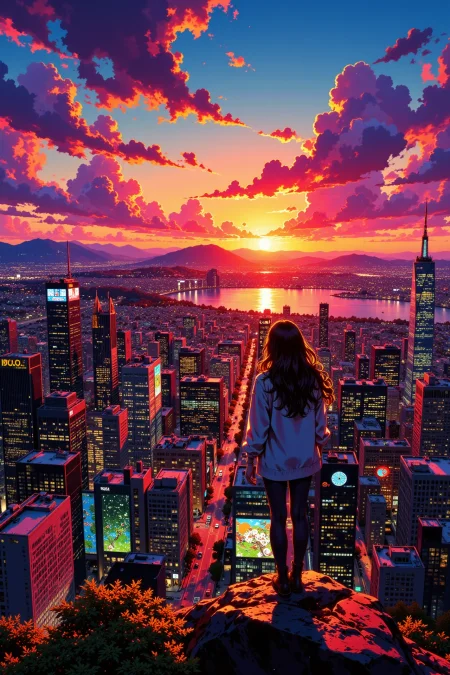 big city beautiful  landscape, sunset, woman, very intricate, very detailed, sharp, bright, colorful, <lora:Hand v2:0.5> <lora:Anti-Blur:1><lora:Insane Detail Slider:0.25>  <lora:flux.1_lora_flyway_Epic-detail_v2:0.3> <lora:fluxenhancer:0.25> <lora:ROWER:0.6> <lora:flux-charmer-v1-1:0.4> <lora:Vibrantly_Sharp_style_v.5:0.3> <lora:realanime:0.8>