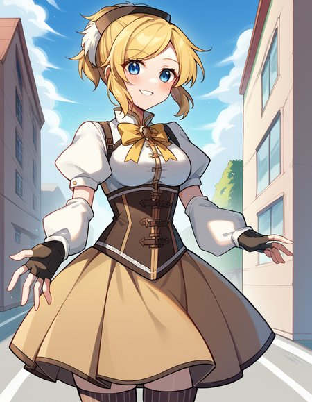 score_9, score_8_up, score_7_up, source_anime, <lora:riliane-lucifen-d-austriche-ponyxl-lora-nochekaiser:1>, riliane, blonde hair, blue eyes, ponytail, short hair, parted bangs, medium breasts, <lora:mami-tomoe-cosplay-ponyxl-lora-nochekaiser:1>, mamitomoecosplay, tomoe mami (cosplay), black gloves, black headwear, black thighhighs, brown skirt, detached sleeves, fingerless gloves, gloves, magical girl, pleated skirt, puffy short sleeves, short sleeves, skirt, corset, striped clothes, striped thighhighs, white shirt, white sleeves, ribbon,, outdoors, street, smile, blush, , dutch angle, cowboy shot
