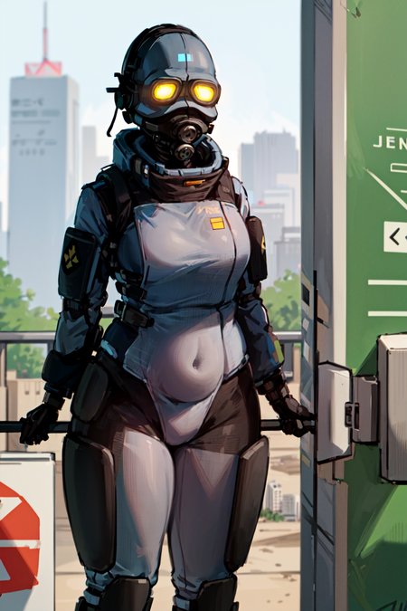 combine soldier, 1girl, solo, standing, helmet, gloves, looking at viewer, facing viewer, military, science fiction, city, russia, gas mask, wide hips, (glowing blue eyes)
