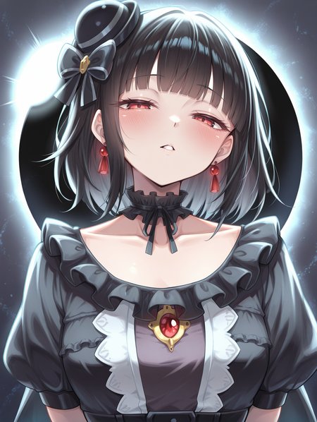 blunt bangs, moon of the closed heaven, 1girl, solo, red earrings, collarbone, looking at viewer, upper body, parted lips, blush, black frilled choker, black mini hat, black princess dress, half-closed eyes, solar eclipse,
masterpiece,best quality,amazing quality,very aesthetic,apussbsurdres,newest,<lora:Moon of the Closed Heaven illuXL v1.1:0.72>,