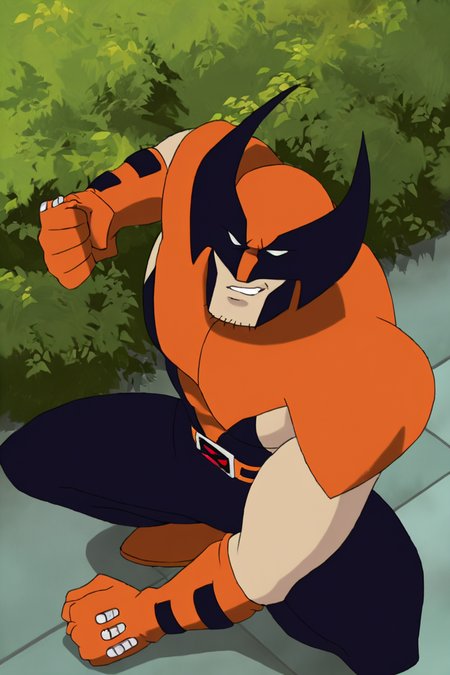 masterpiece, best quality, highres, newest, wolvevo, 1boy, solo, male focus, mature male, facial hair, stubble, bodysuit, orange bodysuit, black bodysuit, two-tone bodysuit, short sleeves, orange gloves, mask, covered eyes, white eyes, no pupils, belt, muscular, clenched hands, looking at viewer, squatting, full body, outdoors, nature, bush <lora:Wolverine (Logan) X-Men Evolution (First Suit) v1.1 [LoRA] - NoobAI-XL EPS 1.0:1>