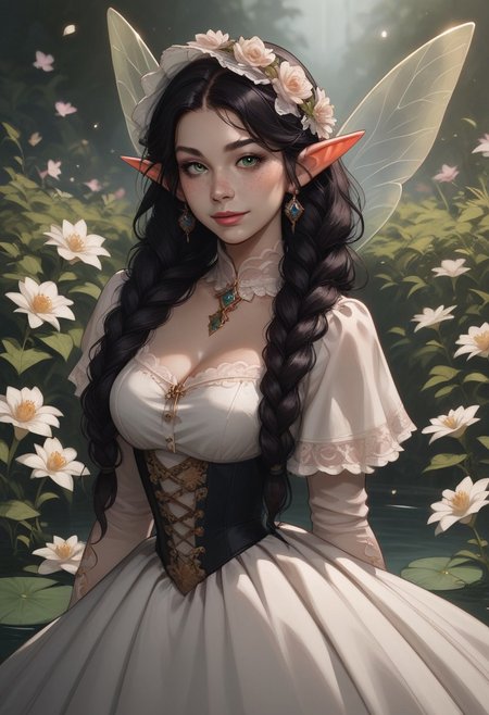 Expressiveh, score_9, score_8_up, score_7_up, 1girl, female_focus, elf female, long black hair, fairy wings, flower crown, braided hair, gold hair tie, green eyes, freckles, short pointed ears, milf, victorian dress, happy, flowery meadow, pond, dancing, cowboy shot