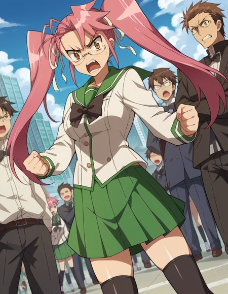 score_9, score_8_up, score_7_up, source_anime,
sayatakagi, <lora:saya-takagi-ponyxl-lora-nochekaiser:1>,
saya takagi, long hair, ribbon, twintails, brown eyes, hair ribbon, pink hair, glasses, angry, shouting,
skirt, thighhighs, school uniform, serafuku, zettai ryouiki, green skirt, bowtie, long sleeves, black thighhighs, black bowtie,
outdoors, cityscape, zombies, crowd, people,
looking at viewer, cowboy shot, dutch angle,