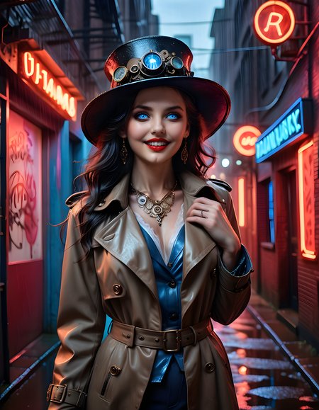 In a surreal, noir-inspired scene set against the backdrop of a dimly lit, rainy neon-lit alleyway, CL4R45, a woman with piercing blue eyes and cascading long, raven hair, adorned in an intricate, steampunk-inspired outfit complete with intricate jewelry, a wide-brimmed hat, and a vintage trench coat, grins playfully at the viewer, her lips painted a bold red, revealing perfectly white teeth, as she confidently stands with one hand on her hip, creating a striking portrait that exudes an enigmatic allure and undeniable charisma. The image is captured from a low angle, emphasizing her height and the dramatic nature of the scene, while the soft, diffused light from the neon signs creates a dreamlike, ethereal quality to the overall composition.