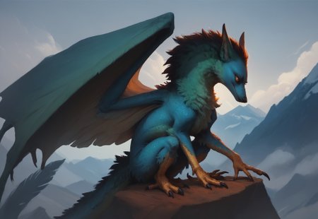 score_9, score_8_up, score_7_up, outdoors, mountains, rift, fractured sky, solo, 1girl, feral, thalriven, wings, sitting, green fur, blue scales, 