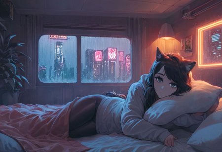 score_9,score_8_up,score_7_up,score_6_up, 1girl, 
 sitting in bed next to a large window, holding coffee cup, steaming coffee cup on windowsill, wearing croptop hoodie, black croptop hoodie, long hair, black hair, low ponytail hairstyle, pov from outside, view from putside the window looking into the room, looking out window, head resting on pillow laying on the bed, hoodie, plants on the windowsill, looking out the window, looking at viewer, background is the bedroom, tidy bedrrom, small room, cramped bedroom, teddies on the bed,, wearing legging, see through thights, black tights, cyberpunk city view out of the window, raining outside, heavy rain outside, neon light, purple neon lights, cat on the bed, pet cat in the room, pet cat sleeping on the bed