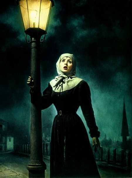 A streetlamp flickering as if alive, afraid of dawn -- <lora:Vintage Horror XL:1> Vintage Horror, painting , <lora:pal:1> Photo of a woman.   <lora:Ingrid Bergman SDXL:1> namgrebdirgni