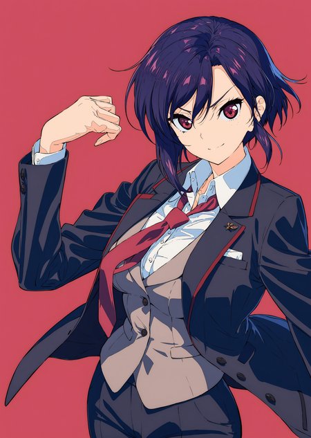masterpiece, best quality, absurdres, very authentic, 1girl, solo, dynamic, motion, official art, illurtation, hand up, adjusting necktie, looking at viewer, Furuhashi Suzuna, suzuna's business suit, open jacket, light smile, v-shaped eyebrows, <lora:ç¦è¶_XL:1.2>, <lora:suzuna-anxl31-000084:0.3>, red background,