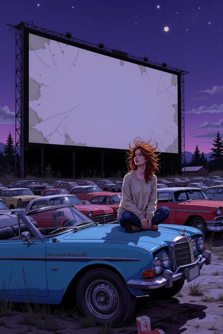 A vast, abandoned drive-in theater under a violet twilight sky. The massive movie screen, cracked and peeling, looms over rows of rusting, long-forgotten cars, their windshields clouded with dust and time. A young woman with messy auburn hair sits cross-legged on the hood of an old blue convertible, her oversized sweater slipping off one shoulder. The radio on the dashboard crackles with faint static, the remnants of a forgotten station barely whispering through the speakers. Fireflies blink lazily around her, their soft glow adding warmth to the cool, silent night. Above, the stars begin to emerge, scattered like fragments of a lost dream. An old popcorn bag tumbles across the pavement, caught in the gentle breeze. The woman sighs, tilting her head back to watch the sky, her fingers absentmindedly tracing patterns on the metal hood beneath her. The world feels untouched, as if this forgotten place exists outside of time, a secret moment held between dusk and dawn.<lora:Dorota_Pietrowiak:0.3> Portrait by Dorota Pietrowiak <lora:Comic book V2:0.8> High-contrast illustration