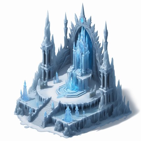 (((masterpiece))),(((best quality))),((ultra-detailed)),solo,isometric,
WAM_bd,solo,
An ice crystal palace in the Icewind Valley, with a large ice crystal throne in the center, surrounded by ice sculptures and falling snowflakes, and the interior of the palace filled with a chilling atmosphere,,
(white background, simple background:1.5),fantasy art,
 <lora:WAMå»ºç­æ¨¡å:0.8>