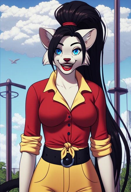 score_9, score_8_up, score_7_up, score_6_up, score_5_up, score_4_up, source_furry,detailed eyes, detailed face,LoraPXL,1girl, blue eyes, animal ears, very long black cat tail, red nose, red shirt, sky,yellow pants, ponytail, furry, belt, cat girl, open mouth, makeup, very long black hair, cat tail, animal nose, solo, tied shirt, furry female, cat ears, shirt, breasts, lipstick, cloud, smile