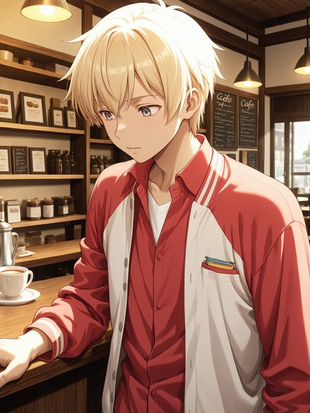 <lora:YoshikiXL:1> Yoshiki_CoPa, 1boy, dark grey eyes, red shirt, long sleeves, cafe, 
solo <lora:cfg_scale_boost:0.9>upper body, blonde hair, anime coloring, anime screenshot,
masterpiece, best quality, amazing quality, very aesthetic, absurdres, newest, lazypos,