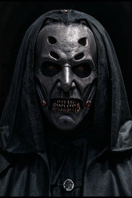 Photo of scary Dracula, Dracula metallic mask, ((medium shot)), night, cemetery, hyper-realistic, ultra-detailed, insanely detailed, 4k, realistic 8k, shot on portra 400