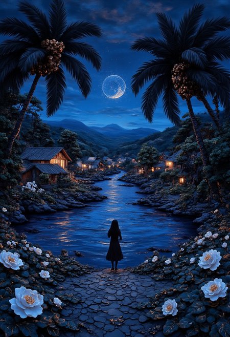 1girl, solo, masterpiece, highest quality, 8K, standing on water, reflective surface, worry free, (poster:0.76), (palm leaves), (rural village), glitter art style, white flowers, (neon black glow:1.2), night, dark theme, starry sky, (bioluminescence), ethereal, truth, 13