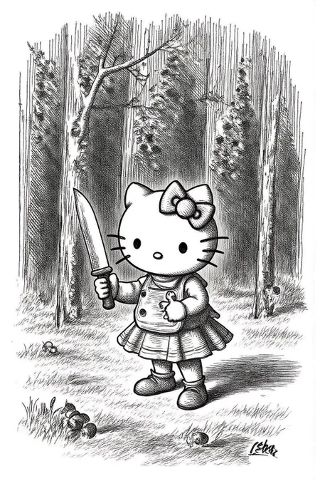 joten1 illustration.
Hello Kitty in the middle of the forest holding a knife, the atmosphere and the character looks scary, Hello Kitty is hidden by the shadows.  <lora:joten1_cap_d6a3e12:1.0><lora:821779844196126027:0>