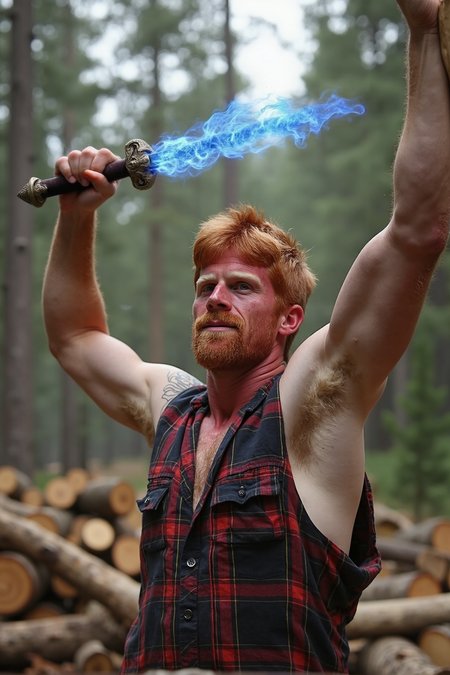 A stunning high-resolution photograph of Aric, a striking ginger man,An action-packed close-up shot of Aric, the ginger warrior, standing ready with a sword of mesmerizing blue fire. The flames dance with fantasy and excitement, casting a warm glow on his face, which exhibits fierce determination. In this serene forest background, ancient trees loom behind him, their trunks bathed in soft light, creating a magical contrast between the natural world and the fiery weapon he wields. The focus captures the intense moment as he prepares to strike, with the surrounding flora blending seamlessly into the magical scene. Created Using: macro photography, cinematic lighting effects, vibrant color interplay, expressive emotion, natural setting, action-oriented composition, high-definition detail, storytelling perspective