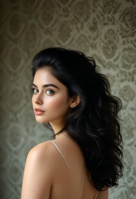 Dark mood masterpiece photography of expressive beautiful 1girl, 19yo, (midshot:1.4), malayalam brunette fuzzy hairstyle , beautiful bright eyes , catchlights , realistic skin texture, intense sight, bellissima, , solo, coquettish expression, pale skin with blushing cheeks , soft and sensual full lips, seductive and slightly rebellious vibe, the dark hair cascades down her back, framing her pale captivating face, background is a textured simple wallpaper in a dark room, fashion magazine cover style, rimlight, professionally color graded, Film Grain style