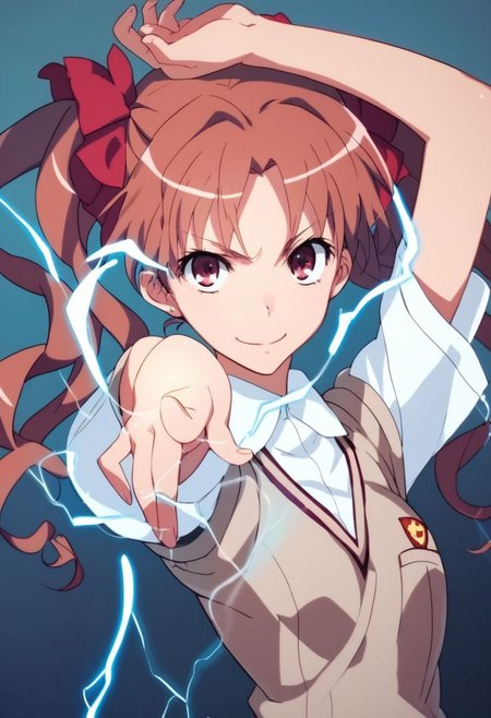 score_9, score_8_up, score_7_up, cartoon, pointing electricity, smile, arm up, 1 shirai kuroko, tokiwadai school uniform, photo