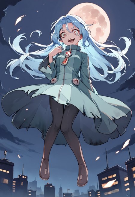 source_anime, score_9,score_8_up, score_7_up,score_6_up, 
1girl, 
starbo, blue hair, parted bangs, long hair, gradient eyes, ragged dress, turtleneck, zipper, long sleeves, pantyhose, footwear,
flying, full body, crazy smile, 
ruined city, night, sky, moon,
