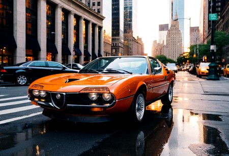 gleaming wet Orange Alfa Romeo Montreal, side view, wet New York avenue reflections, bright headlights, sunset, Manhattan skyscrapers background, 4K, highly detailed, ((grainy 35mm photo))