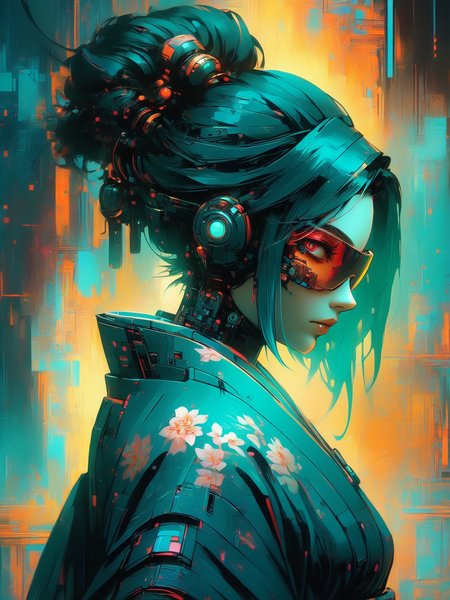 cyberpunk woman wearing a kimono, mad-cybrpnkimprss, dynamic pose, cyberpunk, impressionism,  <lora:Neon_Cyberpunk_Impressionism_SDXL:0.8>, (masterpiece:1.2), best quality