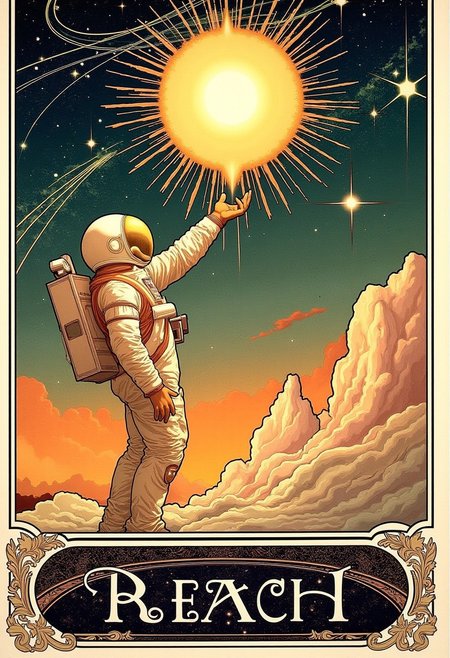 Astronaut reaching for a glowing star, poster with the text “REACH”, visual flourishes of cosmic trails and nebula patterns, illustration in the style of ARTNV