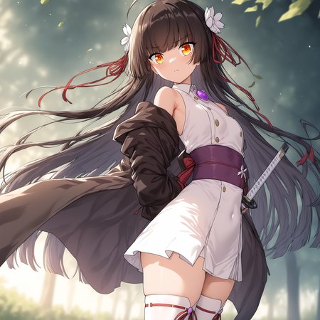 masterpiece,best quality,newest,absurdres,highres,safe,<lora:noobai_ep11_stabilizer_v0.138_fp16:1>,1girl,thighhighs,<lora:Shana:1>,shana,katana,