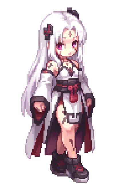 1girl, solo, long hair, looking at viewer, simple background, long sleeves, hair ornament, red eyes, dress, closed mouth, very long hair, standing, purple eyes, full body, white hair, detached sleeves, shoes, wide sleeves, black footwear, white dress, flat chest, tattoo, facial mark, transparent background, forehead mark
ROSPRITE,