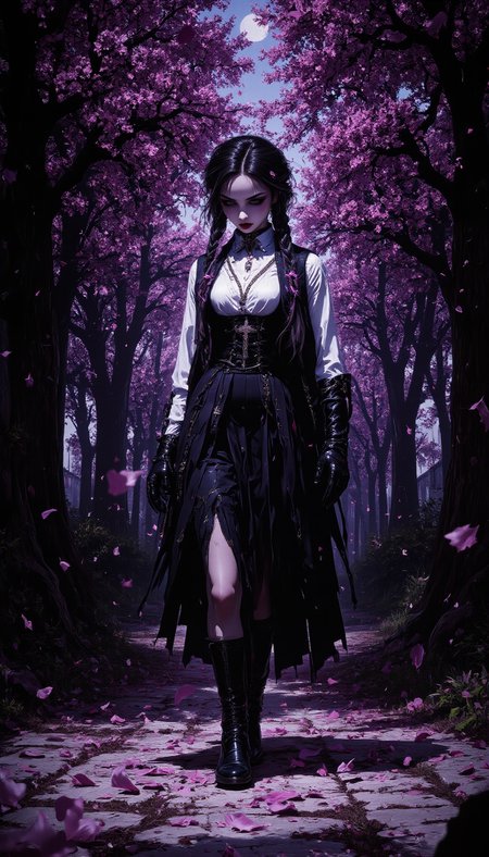 A striking gothic schoolgirl strides with military precision down an endless alley of towering black oaks, her polished Mary Jane shoes crushing fallen violet petals with each rhythmic step. The camera angles upward from ground level, capturing:

Uniform Details:
• A pleated black-and-violet skirt that flares aggressively with each turn of her hips
• Crisp white blouse with a choker featuring an ornate silver cross
• Twin braids woven with violet ribbons that whip like battle standards in the wind

Environmental Drama:
✧ A hurricane of sakura-like petals (but in eerie amethyst hues) swirls around her legs
✧ The trees form a cathedral-like archway, their branches clawing at a bruised twilight sky
✧ Her shadow stretches unnaturally long, morphing into something winged at the edges

Movement Choreography:
✦ Every heel strike sends up explosive bursts of petals (rendered in slow-motion particles)
✦ Her gloved hands swing at perfect 90° angles, the left clutching a leather-bound tome
✦ The wind plays antagonist - fighting to dishevel her while she maintains flawless posture

Cinematic Lighting:
▸ Cold moonlight bleaches her pale skin to porcelain
▸ Mismatched eye colors catch the light (one violet, one black)
▸ Petals glow with bioluminescent edges when they pass near her

(Mood: Cute meets ominous - the discipline of a soldier wrapped in the aesthetics of a porcelain doll. Each step is both parade and funeral march.)

Technical Notes:

Shoot at 24mm for dramatic perspective distortion

Simulate petal physics with turbulence fields

Key her braids to move like pendulum weapons

Add symbolic elements?

Clockwork (gears visible in her shadow)

Undead (slight blue undertones to skin)

Sacrificial (faint bloodstains on petal edges)