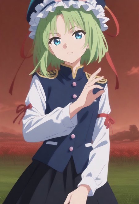 1girl, solo, solo focus, highres, absurdres, shikieiki, green hair, frilled hat, blue eyes, blue headwear, short hair,
long sleeves, black skirt, white shirt, blue vest, red ribbon, epaulettes, small breasts, arm ribbon, buttons, 
looking at viewer, head tilt, from side, bare hands, hand up,
red spider lily, flower field, night sky, red sky, dark, red theme,