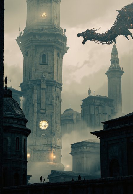 Art by Ronan Le Fur  A towering futuristic city skyline shrouded in fog, patrolled by sentient automatons, as a dragon made of crystalline wires soars overheadâancient yet digital; inspired by matte-painted sci-fi scenes youâd find in French concept art fused with fantasy saga aesthetics.