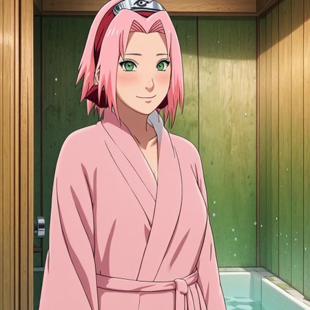 A hot sexy and naughty picture of Sakura Haruno taking a bath wearing a pink bathrobe ; sexy beautiful body ; standing full-body view ; naughty teasing smile ; forehead mark and green eyes