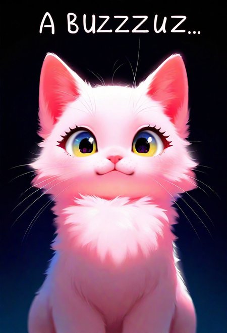 masterpiece, best quality, good quality, very aesthetic, absurdres, newest, a cute cat, large healthy moist eyes, pink fur, uwu, (((a text says "buzz pleawse"))), (text:1) text in center,