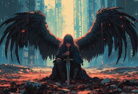 fantasy stylised illustration, anime style, cinematic composition, stunning, full body shot, masterpiece,best quality, close up dynamic model pose, (tall), perfect composition, 1girl, very pretty, very attractive, emotional, intense, dark, gritty, heavily stylised, incredible, awe-inspiring,A half-angel warrior kneeling in an abandoned battlefield, broken sword in hand, wings drooping, as a light beam from above bathes him in a soft glow of hope.