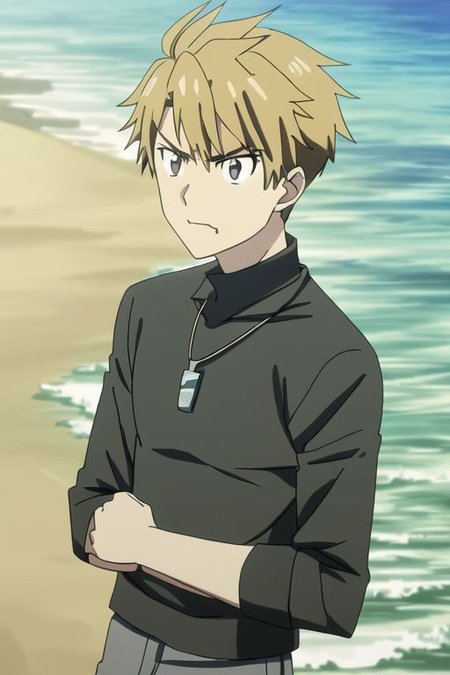 photorealistic, (4k), extremely detailed, hyper detailed, high resolution, professional photography, best quality, ((1boy)), solo, ((male focus)), easynegative, males, beach, Yamato Ishida, Black T-Shirt, candid photo, angry, anime, necklace, bracelet, holiday photo