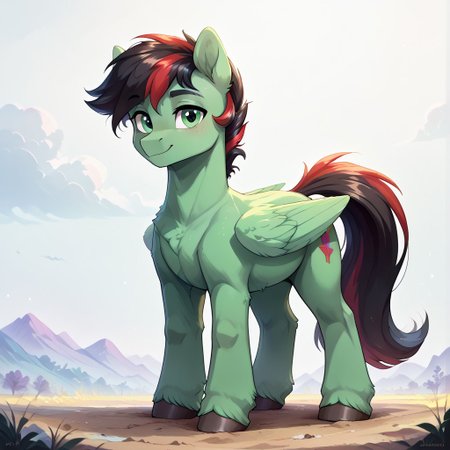 score_9, score_8_up, score_7_up, score_6_up, score_5_up, pony, solo, from my little pony, g4, (anatomically correct), cutie mark, (((pony, feral pony))), detailed, 1 male, 1 stallion, pony, beautiful, adorasexy, chest fluff, fluffy, ear fluff, by dvixie, full body image, facing away from camera image,
white background, no background,
(green body), green eyes, short black mane with red streak, stallion, male, pegasus, 
standing, facing away, looking at you, happy, folded wings, close up of butt