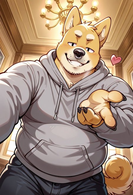 1boy, detail background, solo, male, anthro, dog, pointed ears, black nose, two tone fur, fat, fat, belly, broad shoulders, plump, overweight, big belly, golden fur, black claws, four fingers, coiled tail, black eyes, nose piercing, BREAK gray hoodie, black pants, blowing a kiss, kiss gesture, hand near mouth, (blowing kiss:1.4), romantic gesture, flirty expression, looking at viewer, extending hand towards viewer, seductive eyes, grin, ballroom, indoors, inside, lenaing forward, from below, dynamic angle, black pads, upper body, face focus