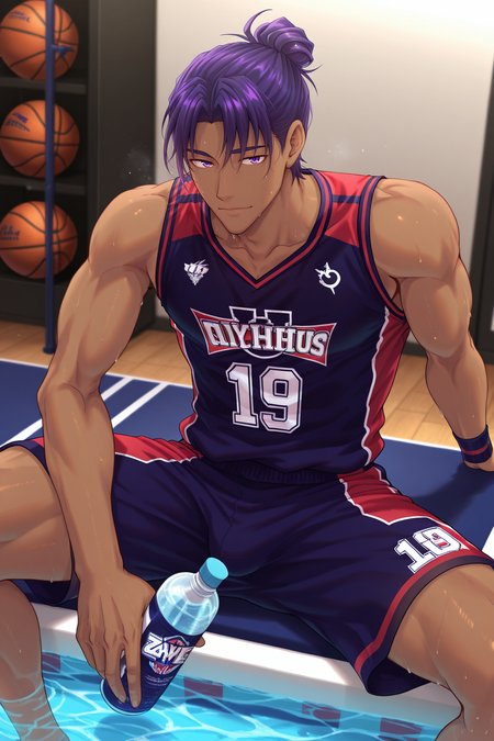 <lora:jockstudio-IL:0.8>,zayne, purple hair,basketball uniform,sweat,sitting,holding water,looking at viewer,1boy,solo,yaoi,bara,male focus,masterpiece,best quality,amazing quality,nsfw,uncersored,highres,best quality,amazing quality,best aesthetic,absurdres,