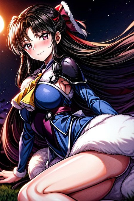 masterpiece,  best quality 1girl Setsun4 solo long hair,  (night time) forest background black hair very long hair purple eyes multicolored hair armor (fur trim) (medium body),<lora:EMS-179-EMS:0.800000>,<lora:EMS-293862-EMS:0.800000> bow, hair_bow, hair_tubes, red_bow, brown_hair, long_hair, bangs, sidelocks, ascot, brown_eyes, frilled_bow, yellow_ascot, blush, smile, hair_between_eyes