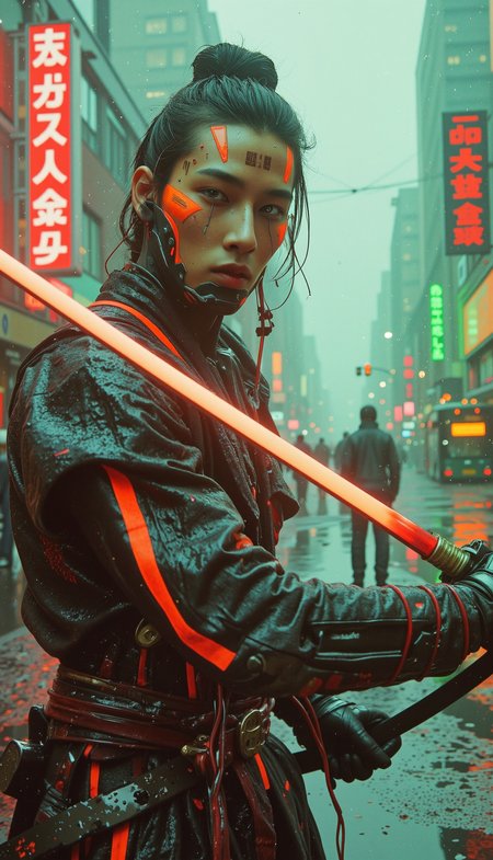 ultra realstic Close-up of a cyber-samurai with wet black urban armor, glowing orange scars, and a plasma katana mid-swing. Rain pours down in slow motion, neon reflections shimmer on his blade, and the city skyline behind him is glitching with green code.8k <lora:Movie_Portrait:0.08> <lora:KB_Kentmere400_FLUX:0.05> <lora:Analog_Photo_Style:0.1> <lora:soaked_brand_pfeffi_KB_FLUX:0.04> <lora:Vintage_Neon_Film:0.15> <lora:Sword_Sakuraå£æ¡(Photographic_style):0.545> <lora:Neon_Punk-Flux:0.9>