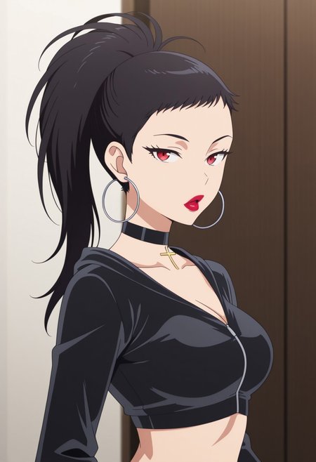 masterpiece, best quality, amazing quality,1girl, solo, BREAK
1riomote,black hair,long hair,ponytail , red eyes, hoop earrings, makeup ,lipstick, choker, crop top,
BREAK
,upper body,looking at viewer