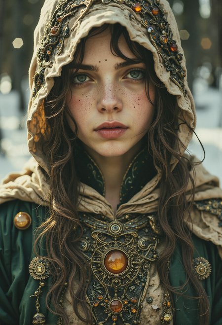 A mystical forest druidess, Extreme Upper Body Closeup Portrait, Vibrant amber and earthy green color graded. Her face, framed by a loosely draped linen hood, is illuminated by soft, diffused light that highlights her delicate features. Freckles dot her youthful yet weathered skin, telling stories of her bond with the wilds, while a subtle, satisfied smile graces her lips, exuding confidence and calm. Her piercing eyes, shaded slightly by the oversized hood, shimmer with an earthy warmth that draws you in. Strands of unkempt auburn hair peek from beneath the hood, blending seamlessly with her natural surroundings. The intricate details of her attire feature a chest piece adorned with organic patterns resembling vines and leaves, crafted from translucent amber and dark green materials. The snowy, shadowy forest backdrop contrasts beautifully with the druidessâs radiant and enchanting presence. <lora:Elden_Ring_-_Yoshitaka_Amano.safetensors:1.0>, <lora:aiai-Glimra-Flux-Dev-v2.safetensors:0.5>,  <lora:Movie_Portrait.safetensors:0.8>,  <lora:- Flux1 - soothing_atmo_V2.0.safetensors:0.4>,  <lora:lith_mimosa_kiel_grw134_FLUX.safetensors:0.7>, <lora:Instant camera portrait photography V2.0.safetensors:0.5>,
