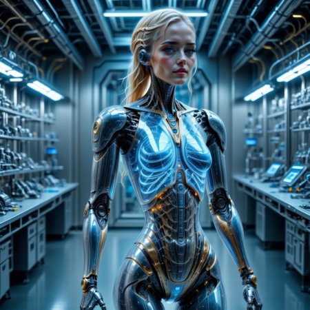 FULL BODY SHOT, extremely detailed, 8k, (BEAUTIFUL BLONDE FEMALE ANDROID:1.3),  BLUE EYES, IN A HIGH TECH FUTURISTIC LABORATORY, LEDS, BIOMECHANICAL BODY PARTS, (TRANSPARENT ULTRA DETAILED BODY shell:1.5) SHOWING blue and gold CIRCUITRY shining bright INSIDE THE BODY, Detailed hand, (DYNAMIC POSES :1.5), perfecteyes,perfect skin texture,photorealistic eyes,
