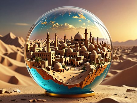 a glass globe with an ancient arabian city inside, desert background, 4k, masterpiece, vivid colors, dramatic lighting <lora:addMoreDetails:1> Ultra details++ , add more details