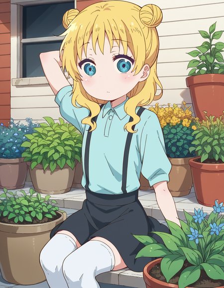 score_9, score_8_up, score_7_up, source_anime, <lora:dragon-chloe-s2-ponyxl-lora-nochekaiser:1>, chloe, blue eyes, blonde hair, hair bun, double bun, child, female child,, skirt, shirt, thighhighs, collared shirt, suspenders, blue shirt,, gardening, watering plants, backyard, flowers blooming, sunny day,, , , hand behind head, , solo,, dutch angle,